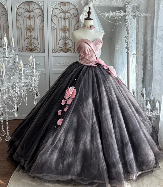 Cute Sweetheart Neck Prom Dress Pink & Gray Floral Tulle A-Line Evening Dress GG7538