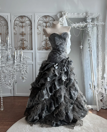 Gorgeous Sweetheart Neck Prom Dress Gray Ruffles Tulle A-Line Evening Dress GG7540