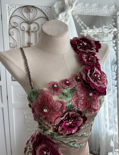 Retro Spaghetti Straps Floral Prom Dress Brown Sequins Mermaid Evening Dress GG7541