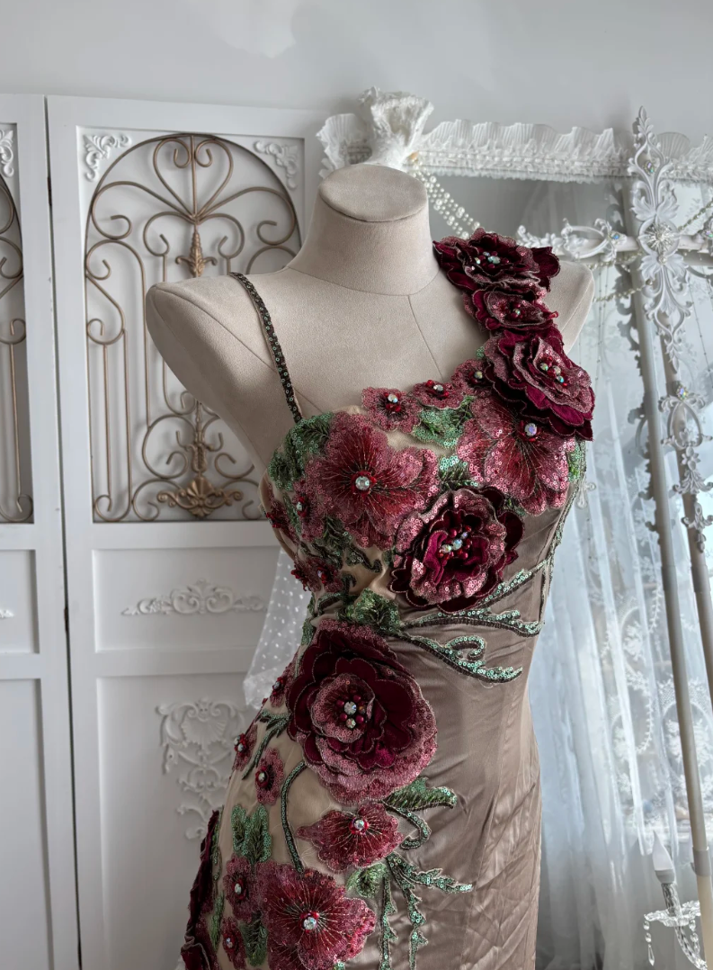 Retro Spaghetti Straps Floral Prom Dress Brown Sequins Mermaid Evening Dress GG7541