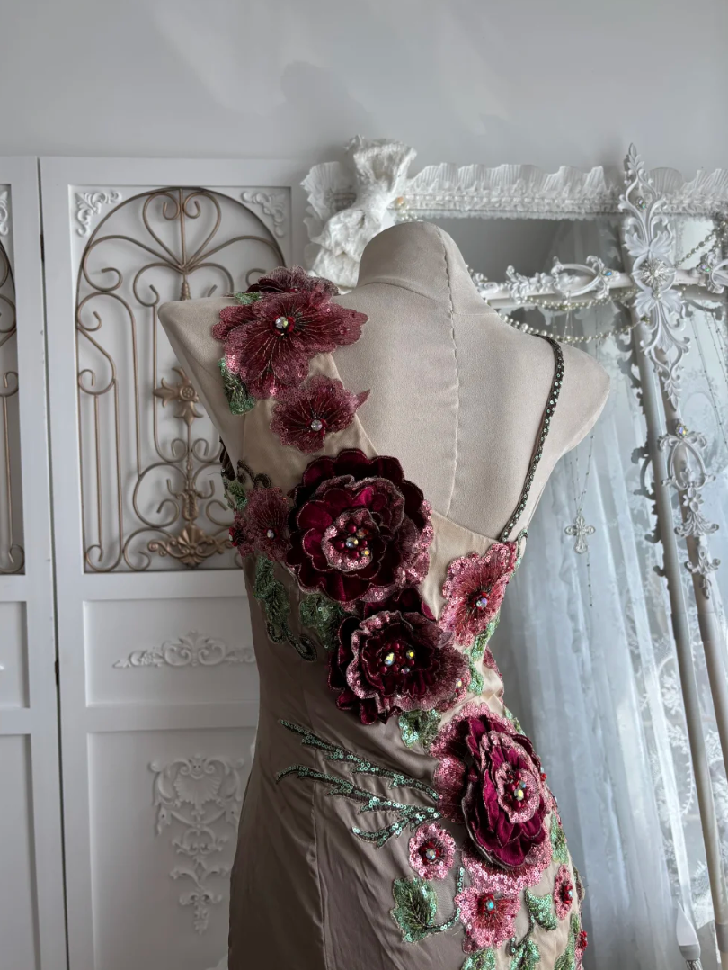Retro Spaghetti Straps Floral Prom Dress Brown Sequins Mermaid Evening Dress GG7541