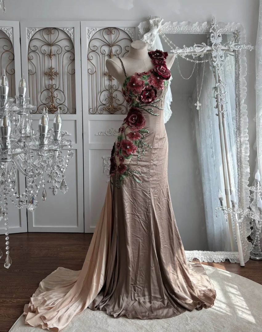 Retro Spaghetti Straps Floral Prom Dress Brown Sequins Mermaid Evening Dress GG7541