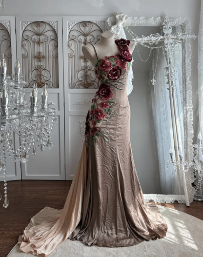 Retro Spaghetti Straps Floral Prom Dress Brown Sequins Mermaid Evening Dress GG7541