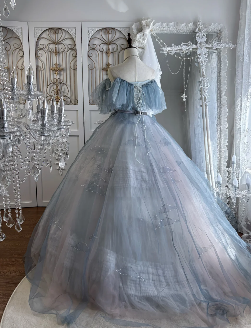 Romantic Off-Shoulder Blue Prom Dress Sequins Tulle A-Line Evening Dress GG7542