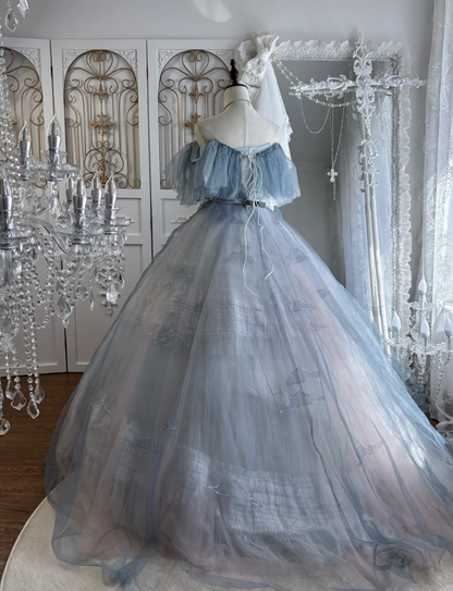 Romantic Off-Shoulder Blue Prom Dress Sequins Tulle A-Line Evening Dress GG7542
