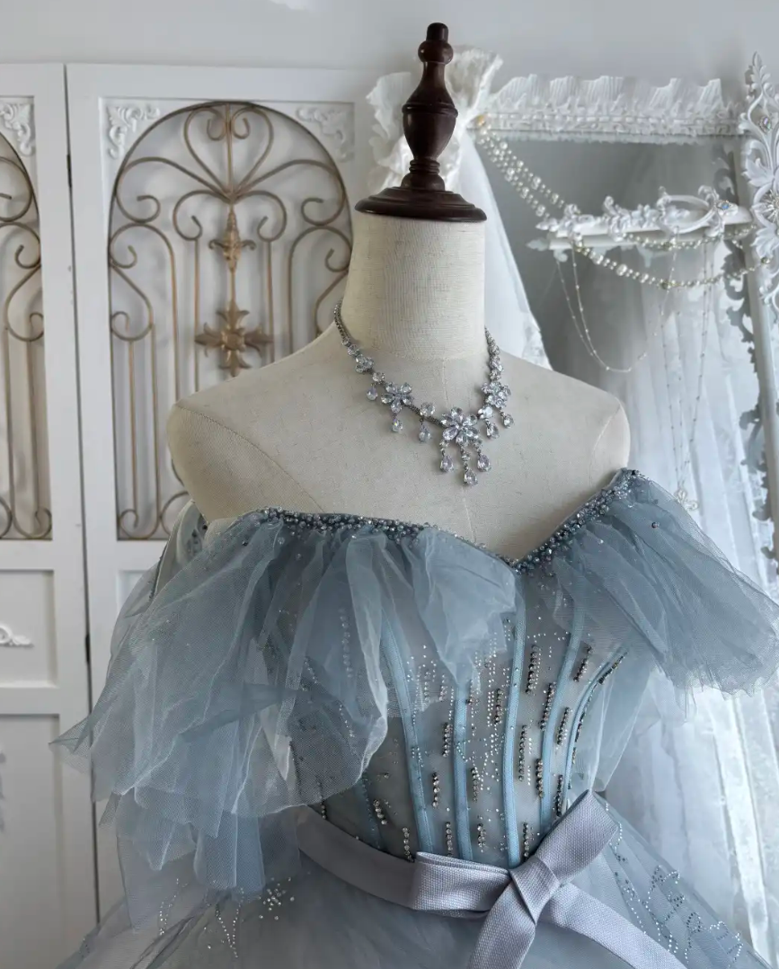Romantic Off-Shoulder Blue Prom Dress Sequins Tulle A-Line Evening Dress GG7542