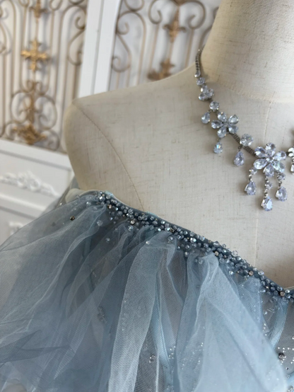 Romantic Off-Shoulder Blue Prom Dress Sequins Tulle A-Line Evening Dress GG7542
