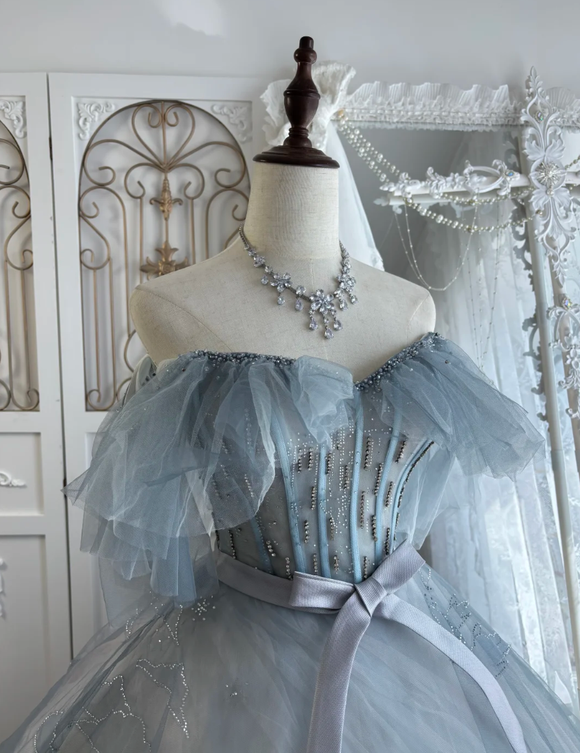 Romantic Off-Shoulder Blue Prom Dress Sequins Tulle A-Line Evening Dress GG7542