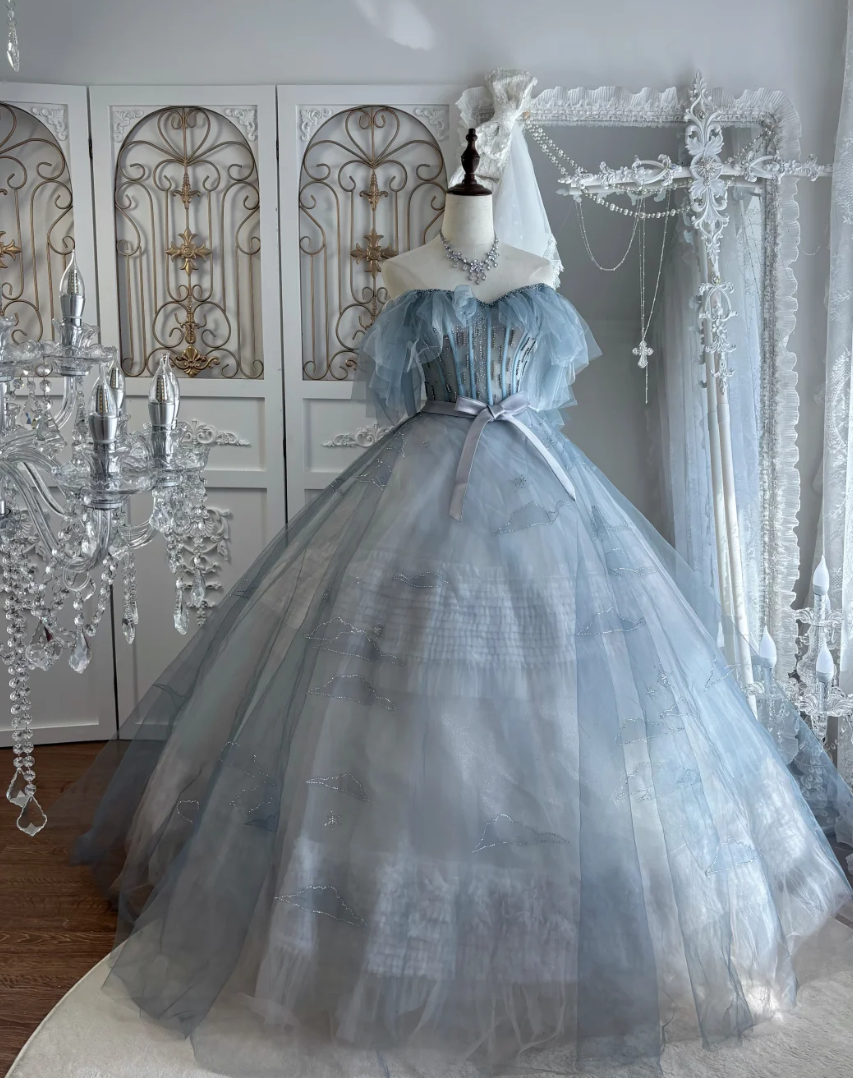 Romantic Off-Shoulder Blue Prom Dress Sequins Tulle A-Line Evening Dress GG7542
