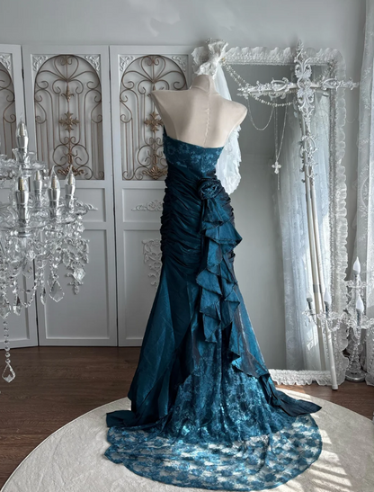 Playful Strapless Blue Prom Dress Sequins Lace Mermaid Evening Dress GG7543