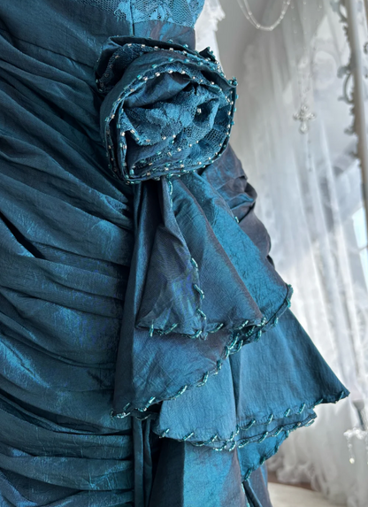 Playful Strapless Blue Prom Dress Sequins Lace Mermaid Evening Dress GG7543