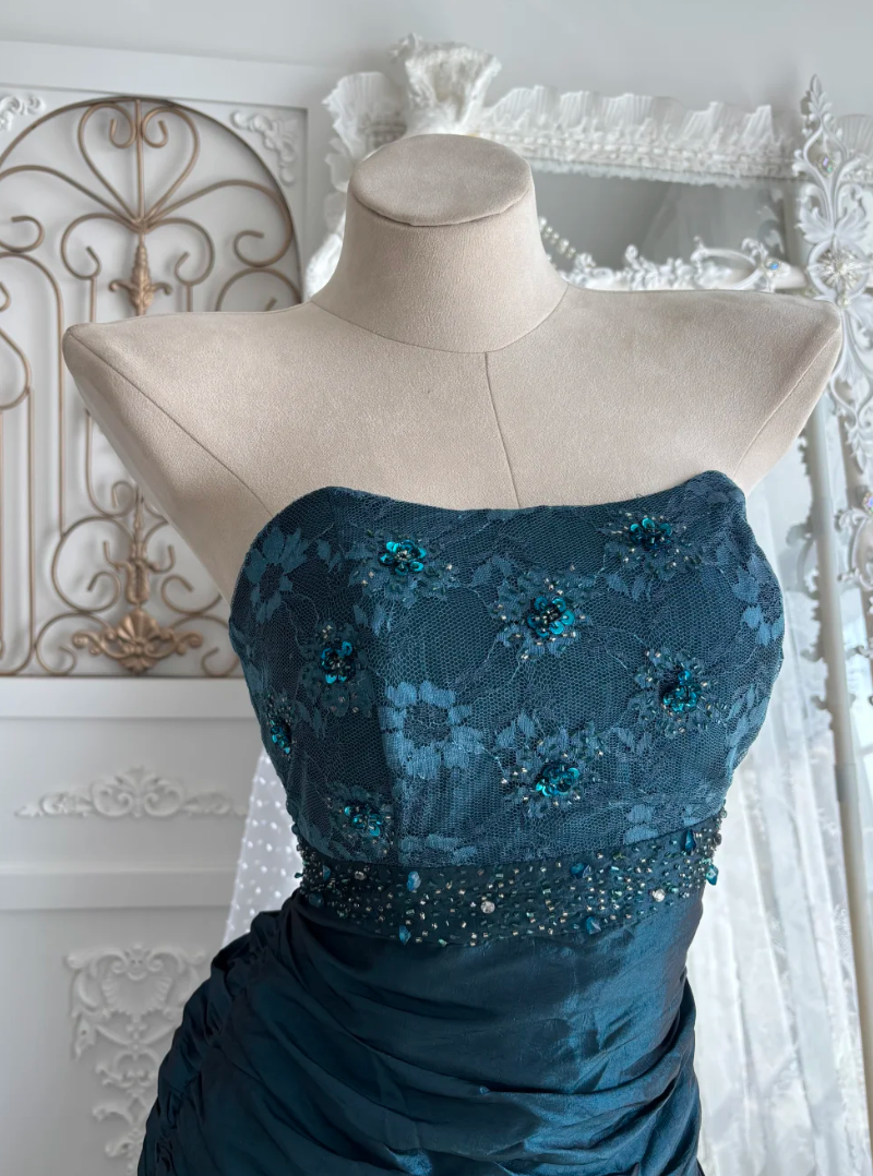 Playful Strapless Blue Prom Dress Sequins Lace Mermaid Evening Dress GG7543