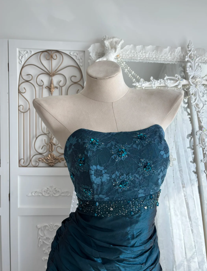 Playful Strapless Blue Prom Dress Sequins Lace Mermaid Evening Dress GG7543