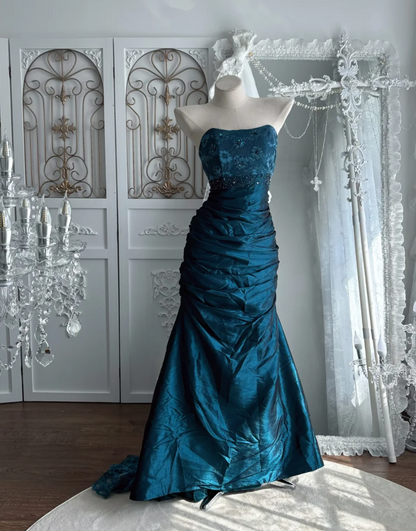 Playful Strapless Blue Prom Dress Sequins Lace Mermaid Evening Dress GG7543