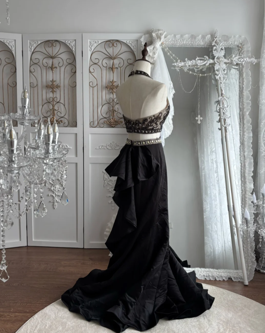 Unique Halter Neck Prom Dress Black 2-Piece Set Sequins Mermaid Evening Dress GG7544
