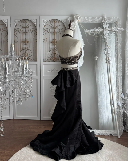 Unique Halter Neck Prom Dress Black 2-Piece Set Sequins Mermaid Evening Dress GG7544