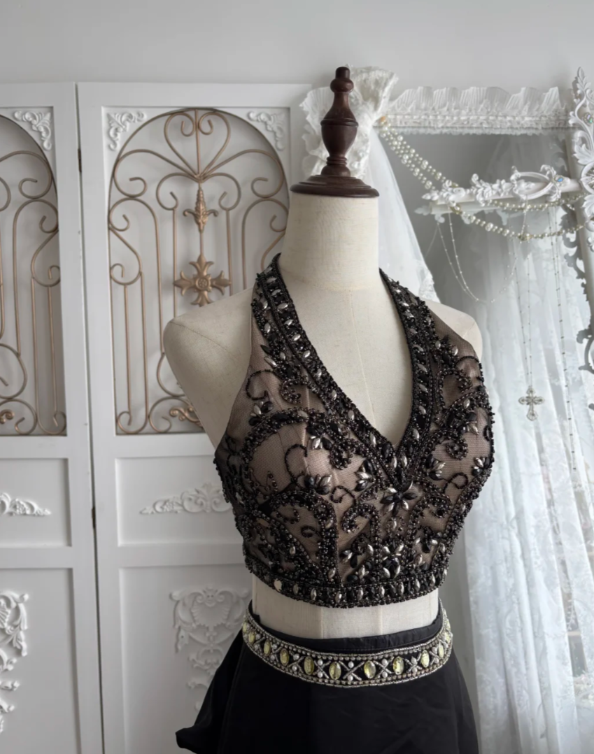 Unique Halter Neck Prom Dress Black 2-Piece Set Sequins Mermaid Evening Dress GG7544