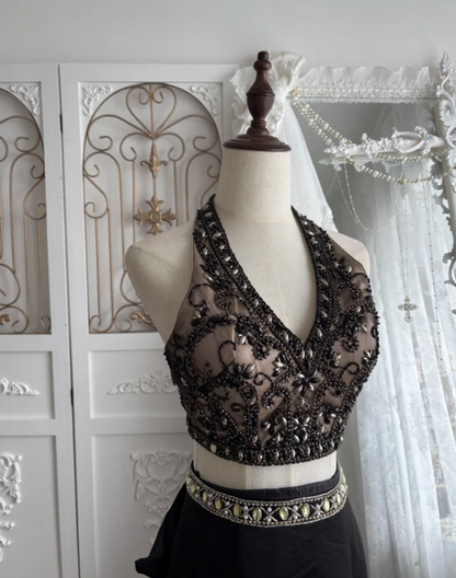 Unique Halter Neck Prom Dress Black 2-Piece Set Sequins Mermaid Evening Dress GG7544