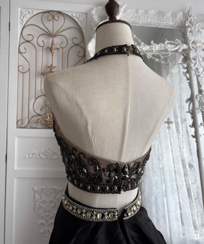 Unique Halter Neck Prom Dress Black 2-Piece Set Sequins Mermaid Evening Dress GG7544