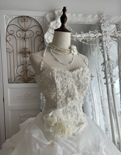 Romantic Strapless Tiered Wedding Dress Beading Sequins A-Line Bridal Dress GG7545