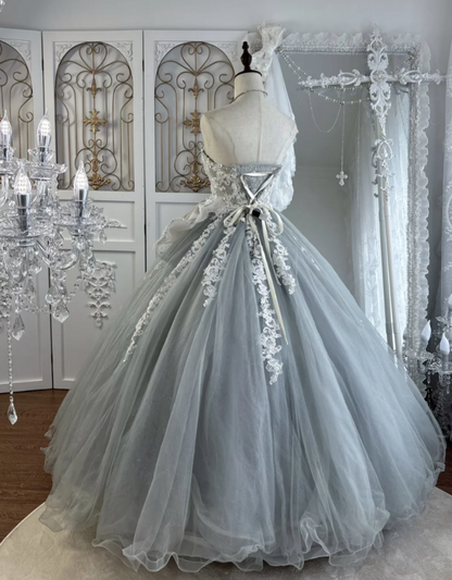 Chic Strapless Tulle Prom Dress Blue Appliques A-Line Evening Dress GG7546
