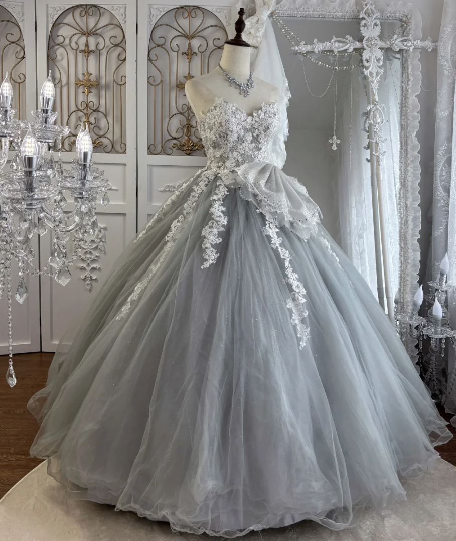 Chic Strapless Tulle Prom Dress Blue Appliques A-Line Evening Dress GG7546
