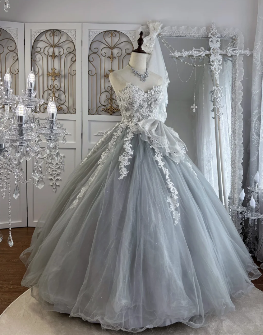 Chic Strapless Tulle Prom Dress Blue Appliques A-Line Evening Dress GG7546