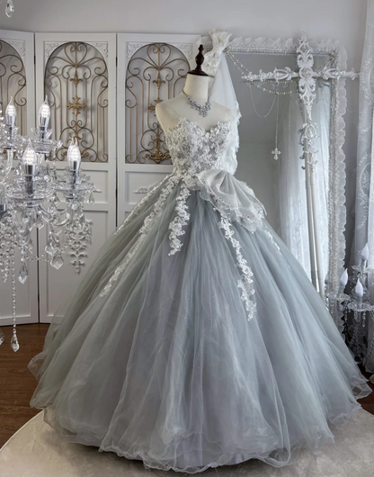 Chic Strapless Tulle Prom Dress Blue Appliques A-Line Evening Dress GG7546