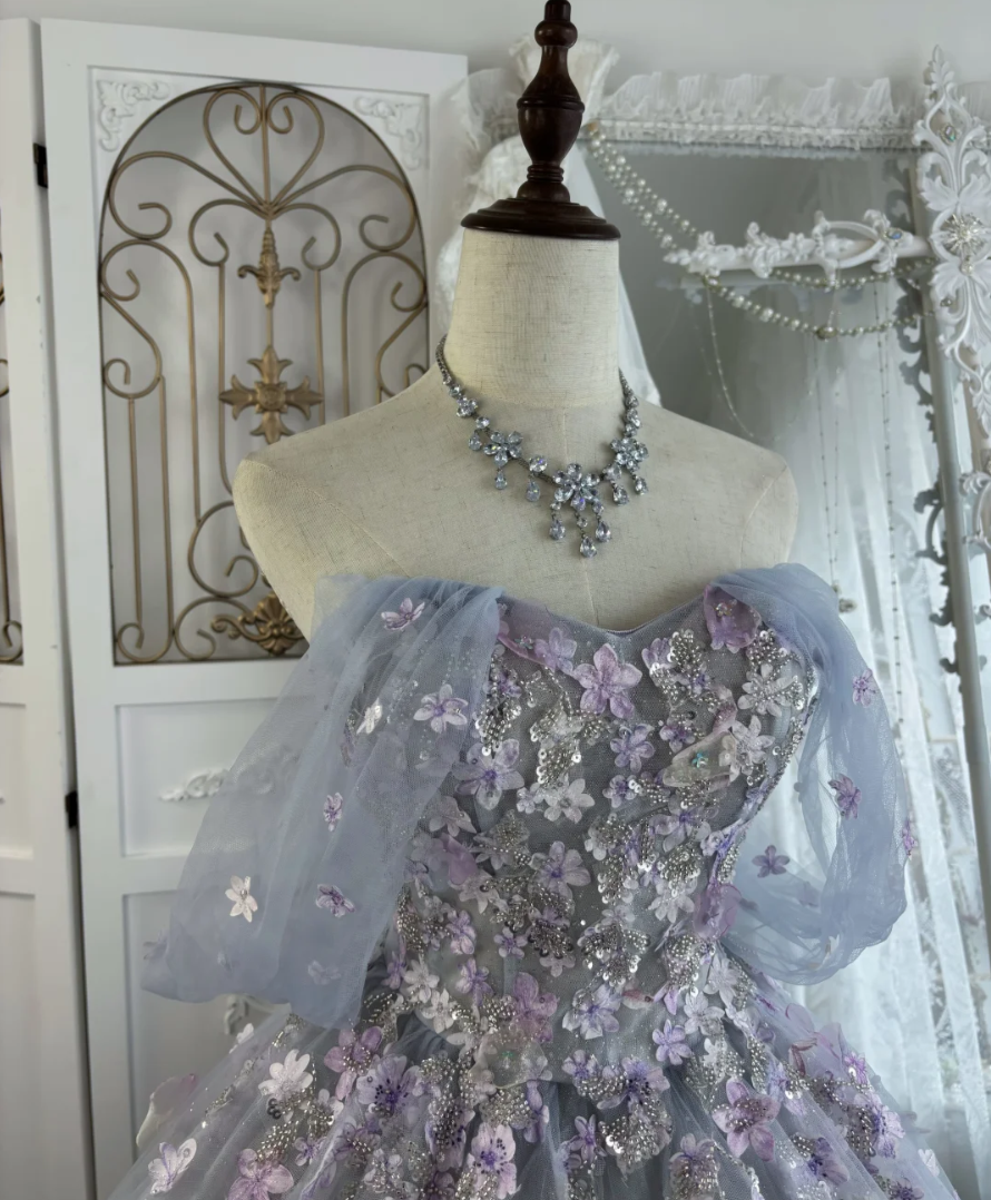 Dreamy Off-Shoulder Appliques Prom Dress Purple Sequins Tulle A-Line Evening Dress GG7547