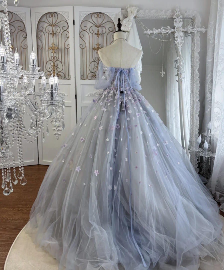 Dreamy Off-Shoulder Appliques Prom Dress Purple Sequins Tulle A-Line Evening Dress GG7547