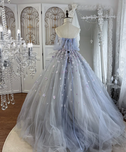 Dreamy Off-Shoulder Appliques Prom Dress Purple Sequins Tulle A-Line Evening Dress GG7547