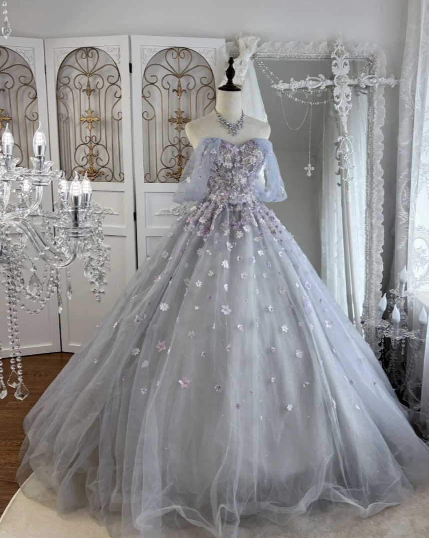 Dreamy Off-Shoulder Appliques Prom Dress Purple Sequins Tulle A-Line Evening Dress GG7547