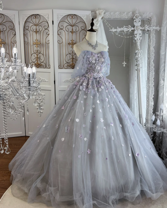 Dreamy Off-Shoulder Appliques Prom Dress Purple Sequins Tulle A-Line Evening Dress GG7547