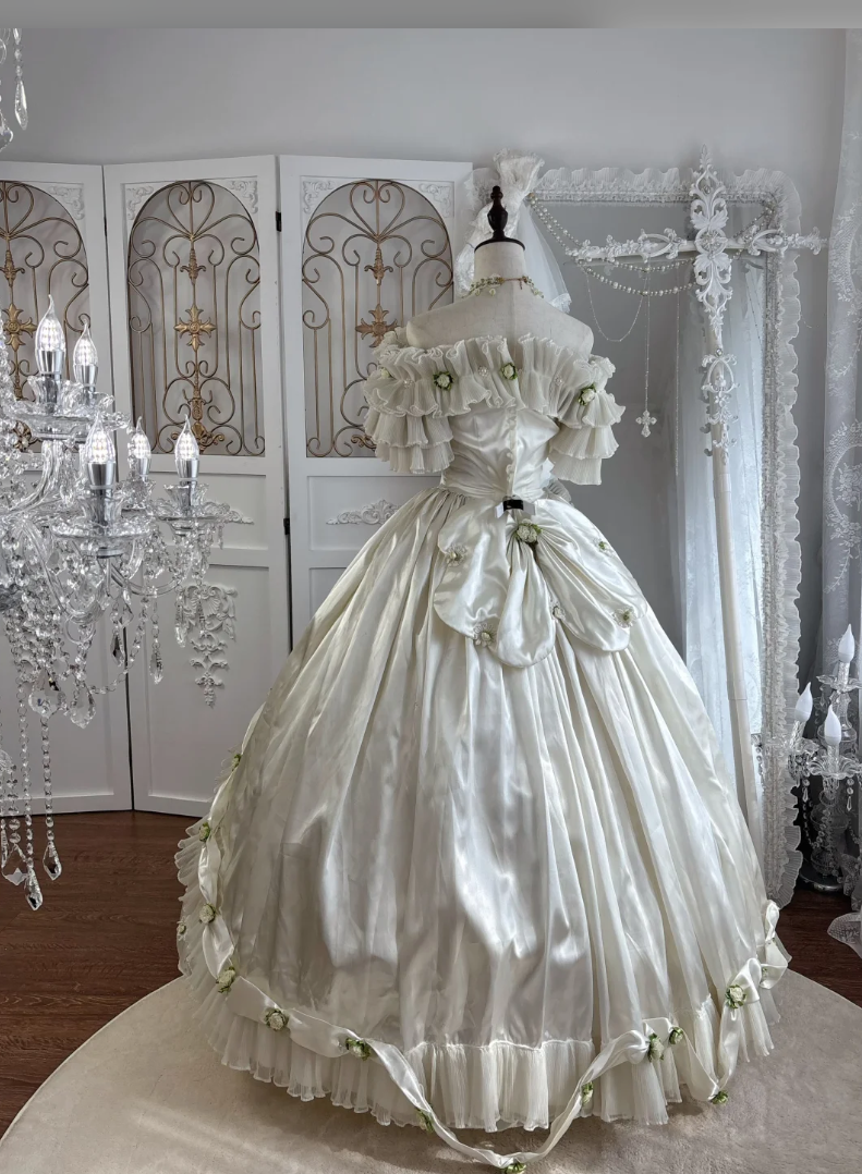 Cute Off-Shoulder Ruffles Prom Dress White Satin Appliques A-Line Evening Dress GG7549