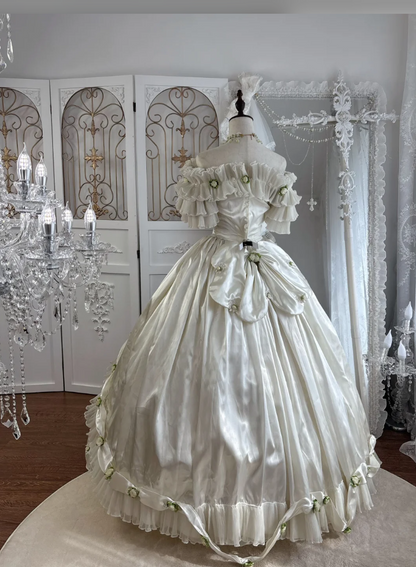 Cute Off-Shoulder Ruffles Prom Dress White Satin Appliques A-Line Evening Dress GG7549