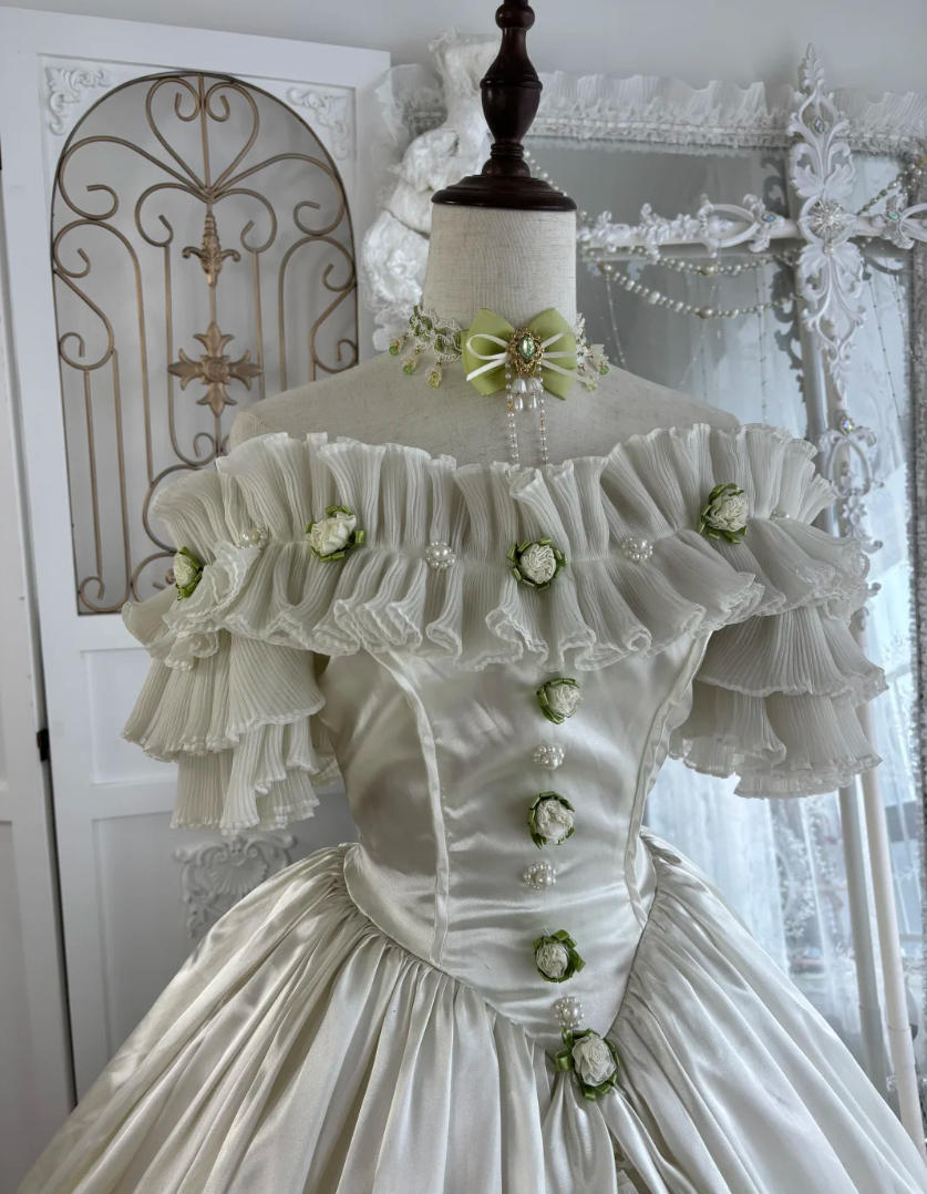 Cute Off-Shoulder Ruffles Prom Dress White Satin Appliques A-Line Evening Dress GG7549