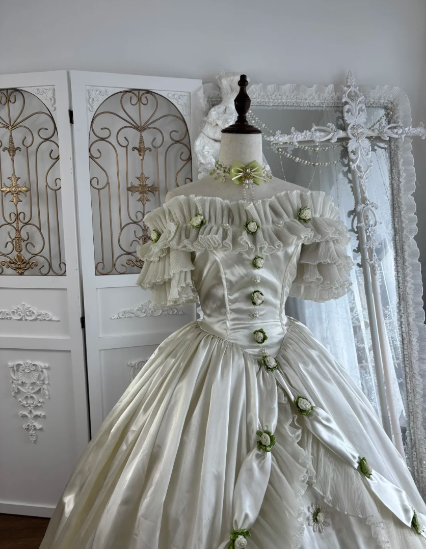 Cute Off-Shoulder Ruffles Prom Dress White Satin Appliques A-Line Evening Dress GG7549