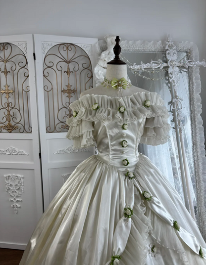 Cute Off-Shoulder Ruffles Prom Dress White Satin Appliques A-Line Evening Dress GG7549
