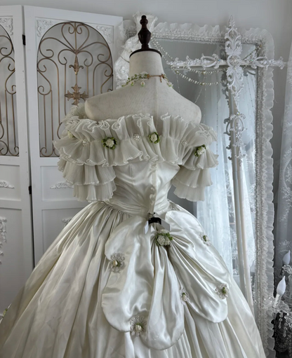 Cute Off-Shoulder Ruffles Prom Dress White Satin Appliques A-Line Evening Dress GG7549