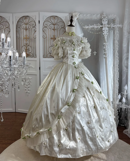 Cute Off-Shoulder Ruffles Prom Dress White Satin Appliques A-Line Evening Dress GG7549