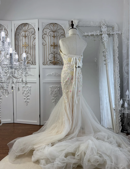 Vibrant Strapless Floral Wedding Dress Beads Tulle Mermaid Bridal Dress GG7551