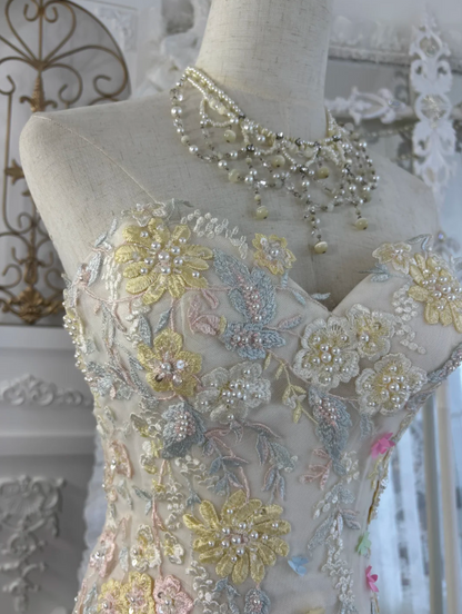 Vibrant Strapless Floral Wedding Dress Beads Tulle Mermaid Bridal Dress GG7551