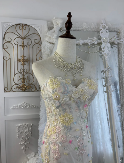 Vibrant Strapless Floral Wedding Dress Beads Tulle Mermaid Bridal Dress GG7551
