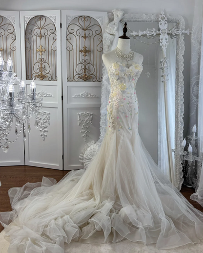 Vibrant Strapless Floral Wedding Dress Beads Tulle Mermaid Bridal Dress GG7551