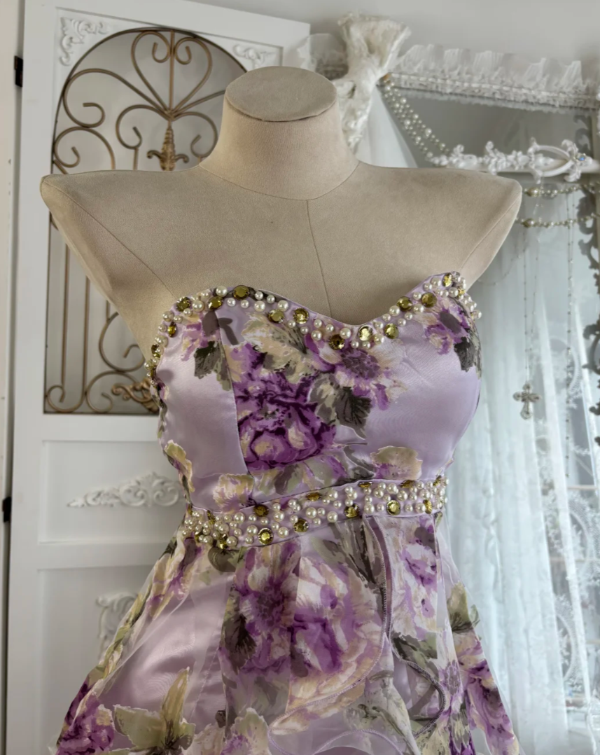 Trendy Sweetheart Beading Homecoming Dress Purple Floral A-Line Birthday Dress GG7552