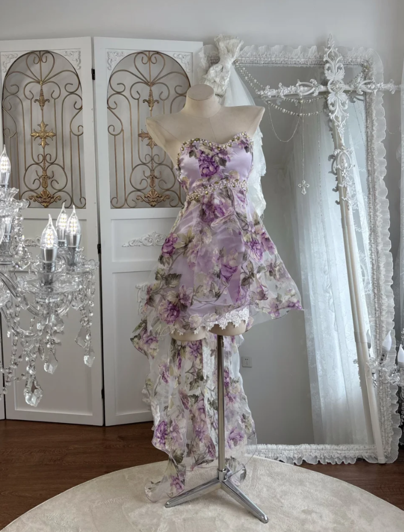 Trendy Sweetheart Beading Homecoming Dress Purple Floral A-Line Birthday Dress GG7552