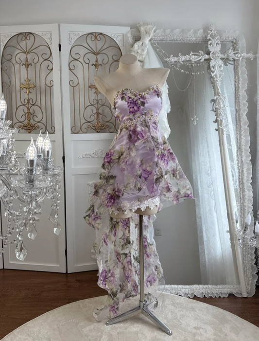 Trendy Sweetheart Beading Homecoming Dress Purple Floral A-Line Birthday Dress GG7552