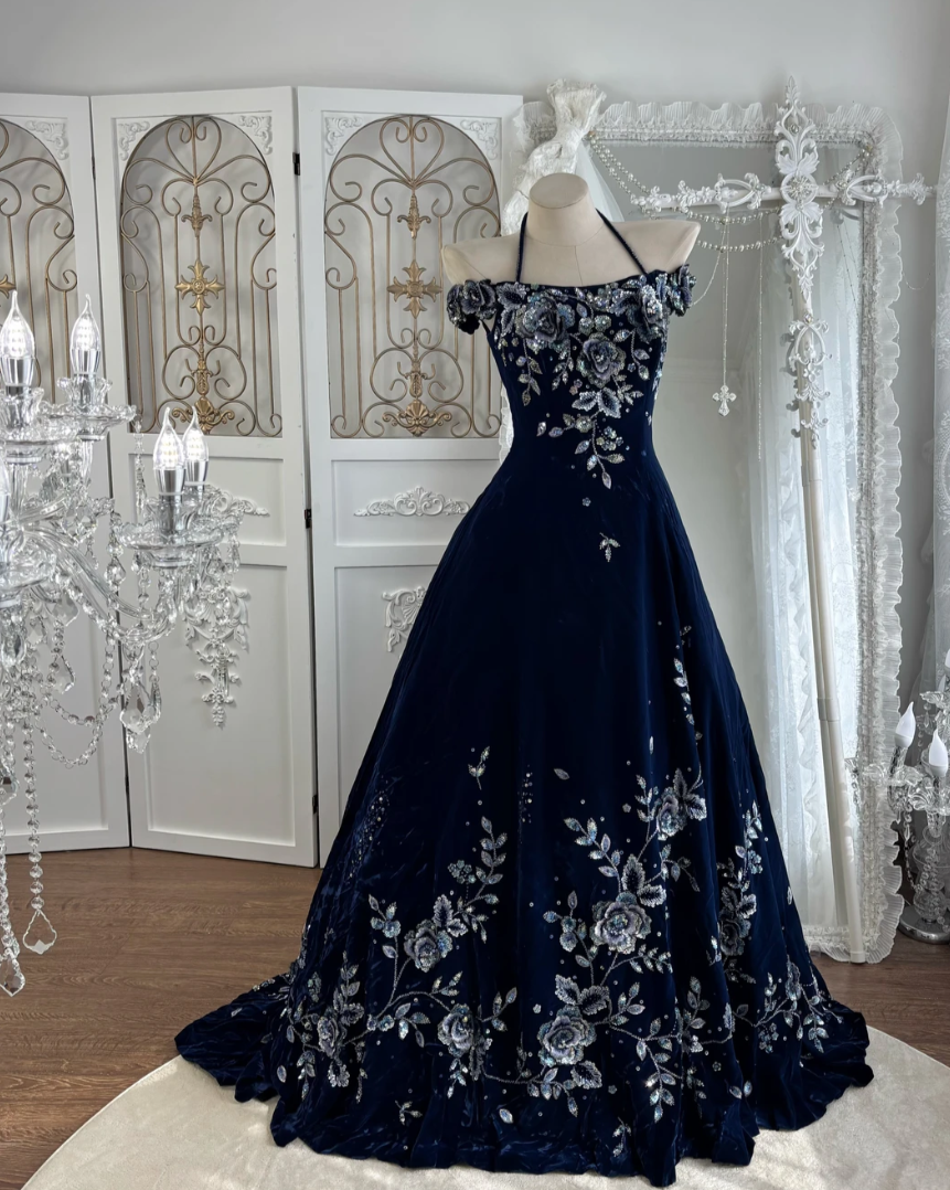 Vintage Off-Shoulder Blue Prom Dress Floral Velvet Sequins A-Line Evening Dress GG7553