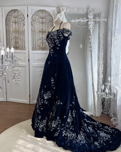 Vintage Off-Shoulder Blue Prom Dress Floral Velvet Sequins A-Line Evening Dress GG7553