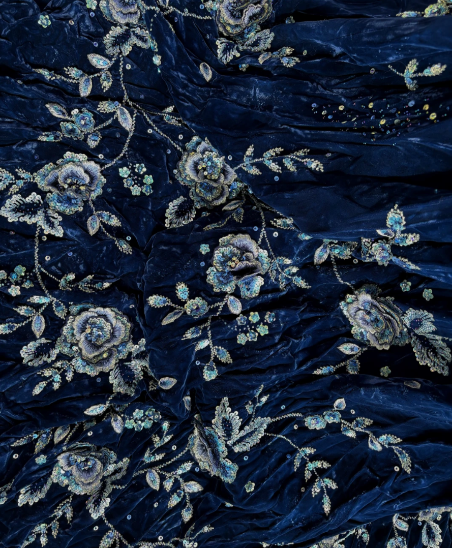 Vintage Off-Shoulder Blue Prom Dress Floral Velvet Sequins A-Line Evening Dress GG7553